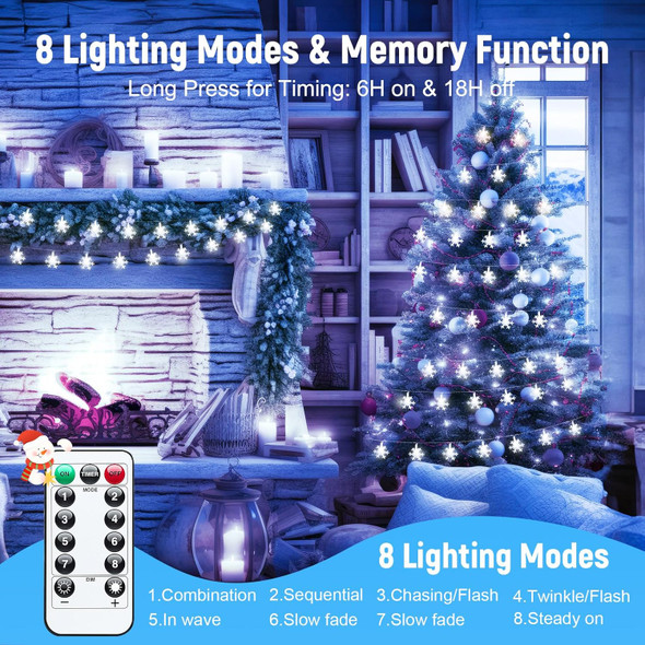 39.6 Ft Christmas Snowflake String Lights, 100 Led Snowflakes Lights 8 Lighting Modes Timing USB Fairy Lights Remote Waterproof Connectable for Holiday Indoor Outdoor Christmas Decorations