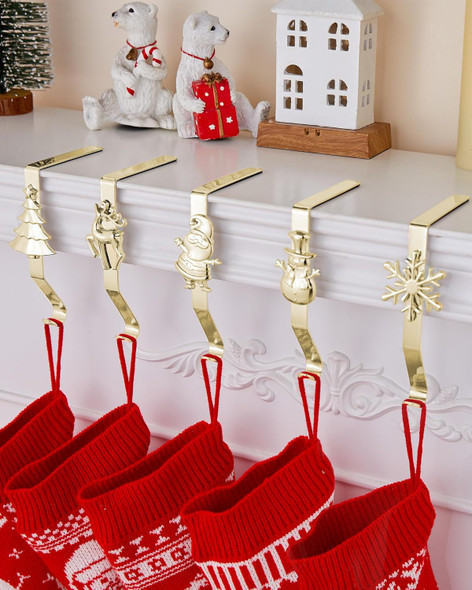 Stocking Holders for Mantle, Set of 5 Christmas Stocking Holders for Fireplace, Stocking Hangers for Mantel, Snowflake Reindeer Tree Santa Stocking Hanger Hooks for Christmas Mantel Decoration, Gold