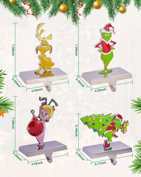 Set of 4 Christmas Stocking Holders for Mantle, 2D Metal Christmas Tree Santa Claus Stocking Hangers, Home Xmas Decorations for Fireplace Mantel Table Garland