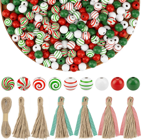 300 Pcs Christmas Wooden Beads Xmas DIY Craft Wood Beads Candy Cane Swirl Beads Red Green White 16mm Round Beads for Christmas Garland Jewelry Making Party Home Tree Decoration with Rope and Tassels