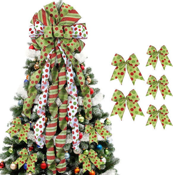 6PCS Christmas Tree Topper Wreath Bow Christmas Tree Bow Topper Large Red Green Bow and Small Wreath Bows Christmas Decorations for Tree Wrapping Wall Home Front Door Decor 45"x13"