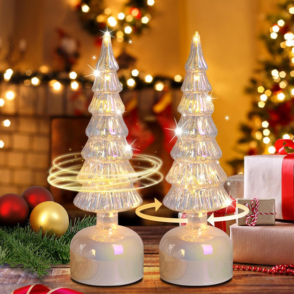 Glass Christmas Trees for Tabletop, Rotating Mercury Glass Christmas Tree Decor, Sparking Christmas Centerpiece Table Decorations, Battery Operated Lamp with Timer, Set of 2 Christmas Trees (Silver)