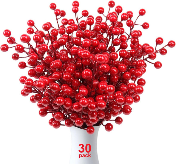 30 Pack Artificial Red Berry Stems, 8.2 Inch Christmas Berry Picks Holly Berries Branches for Christmas Tree Decorations DIY Crafts Wreath Decor