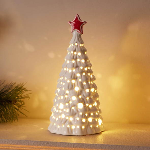 Christmas Decorations, Ceramic Christmas Tree, Small Tabletop Christmas Tree with Lights for Christmas Decor (8 inch, White)
