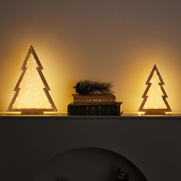2 Pack Wooden Tabletop Christmas Trees with Lights, Modern Christmas Decorations Indoor, Farmhouse Christmas Decor Small Tree for Table Top, Mantle, Shelf (Large-14.2 in, Small-10.2 in)