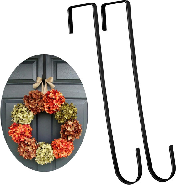 Molain 2 Pack 12 Inch Wreath Hanger Hooks, Black Over Door Hanger for Front Door Metal Wreath Holder, Wreath Door Hanger Clothes Towel Hanger Hooks Halloween Christmas Easter Wreath Hanger(Black)