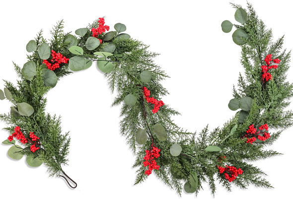 6ft Artificial Christmas Cedar Garland with Eucalyptus Leaves, Red Berries Winter Greenery Garland Decor for Home, Fireplace, Wall, Porch, Table, Mantle, Indoor Outdoor Decoration
