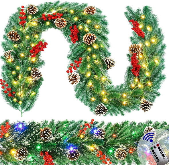 6FT Christmas Garland with Lights, Garland Christmas Decorations Artificial Prelit Christmas Garland with Timer Pine Cones Berries Outdoor Xmas Garland for Mantle Stairs Railing Fireplaces