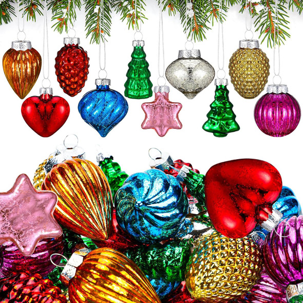 30 Pack Christmas Vintage Retro Glass Ornaments Bulk Antique Mercury Glass Ornaments Hand Blown Glass Ball Ornaments Small Multi Colored Christmas Ornaments Decor for Christmas Tree