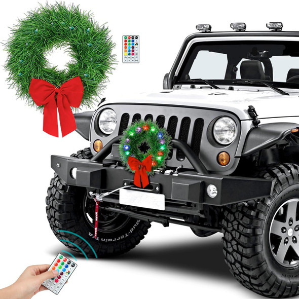 moveland RGB LED Christmas Car Wreath - 16 Colors Changeable Car Artificial Wreath with Remote Control - 12V Plug-in Wreath Lighting with Red Bow - Christmas Car Decoration