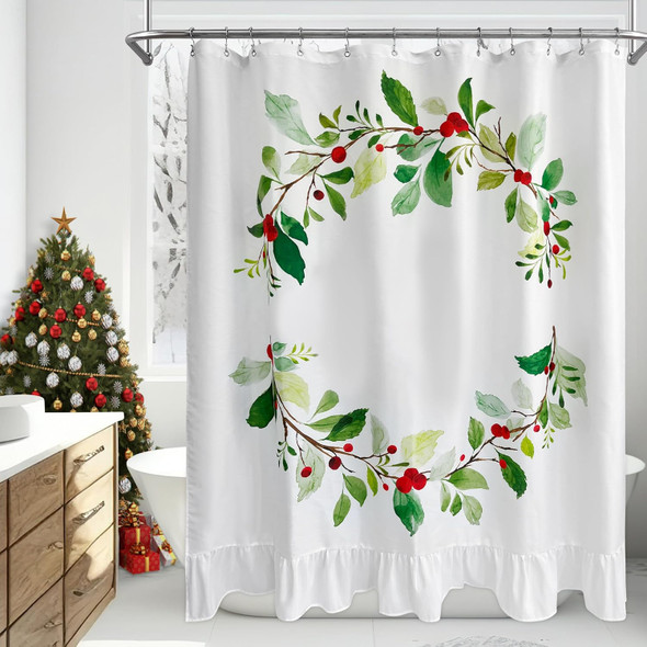 Mrs Awesome Christmas Shower Curtain for Bathroom Wreath Pattern Water Repellent Printed Fabric Shower Curtain, Festive Holiday Decoration for Bathroom, White, 72 x 72 inch