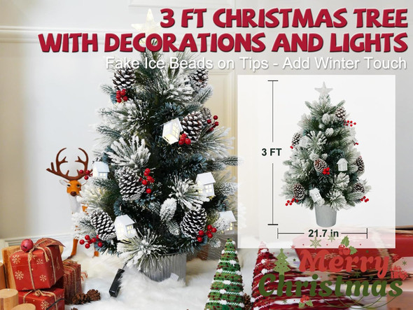 3FT Christmas Tree with 12cm Top Star, Artificial Flocked Fiber Optic Christmas Tree with 60 Mixed Branch Tips & 9White House & 12Red Berry and Big Pinecone String for Indoor Outdoor 3FT Christmas Tree with 12cm Top Star, Artificial Flocked Fiber Optic Christmas Tree with 60 Mixed Branch Tips & 9White House & 12Red Berry and Big Pinecone String for Indoor Outdoor