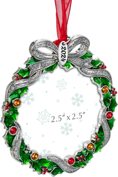 Christmas Tree Ornament Picture Frame Metal Hanging Pendant Holiday 2.5" Photo Frame Charm Decorative of Pets, Baby First Christmas, Family ( Christmas Wreath)