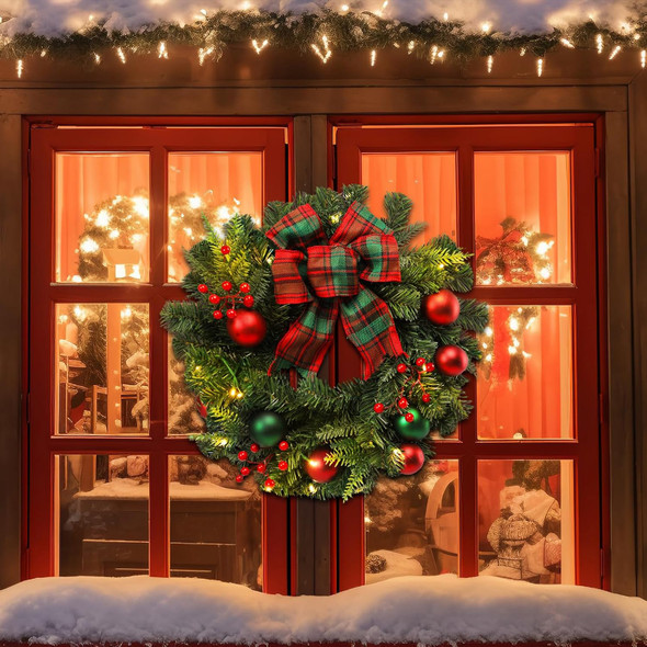 MUMTOP 20 Inch Pre-Lit Christmas Wreath for Front Door with Lights, Large Lighted Christmas Wreath with Red Bowknot for Fireplace Window Outdoor Holiday Home Decoration