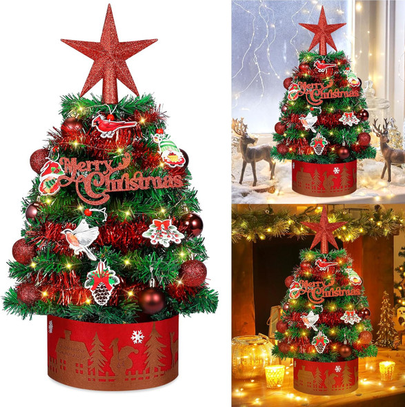 Tabletop Christmas Tree 24-inch Mini Christmas Tree with Red Cardinals Birds & LED String Lights, Star Treetop, Hanging Ornaments, Tabletop Small Xmas Tree for Holiday Indoor DIY Christmas Decor Green