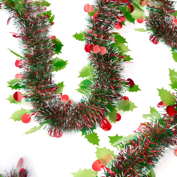 33 Ft Christmas Tinsel Garland, Green Glitter Xmas Tree Decorations with Frost Tip Leafs and Red Berry Shapes, Metallic Fluffy Hanging Party Ornaments for Ceiling Stairs