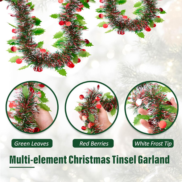 33 Ft Christmas Tinsel Garland, Green Glitter Xmas Tree Decorations with Frost Tip Leafs and Red Berry Shapes, Metallic Fluffy Hanging Party Ornaments for Ceiling Stairs
