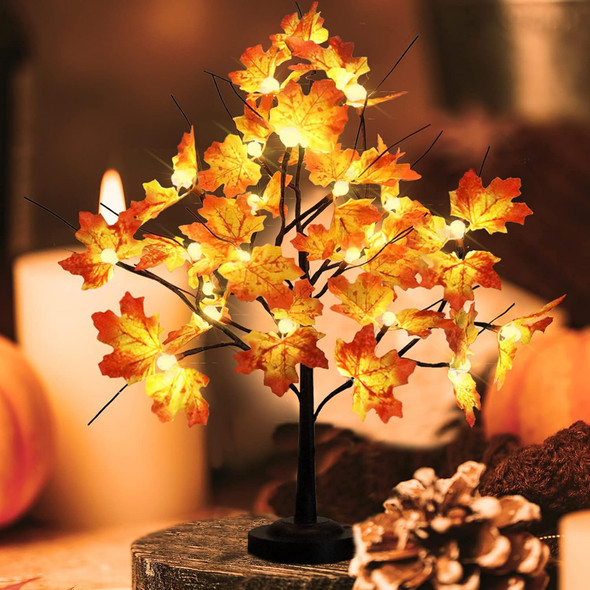 Mycznsyard Maple Tree Light for Fall Thanksgiving Decor 24 LED Lighted Maple Tree with Leaves 2Ft Maple Light up Tree 8 Lighting Mode USB & Battery Operated Home Decoration Holiday Party Ideas