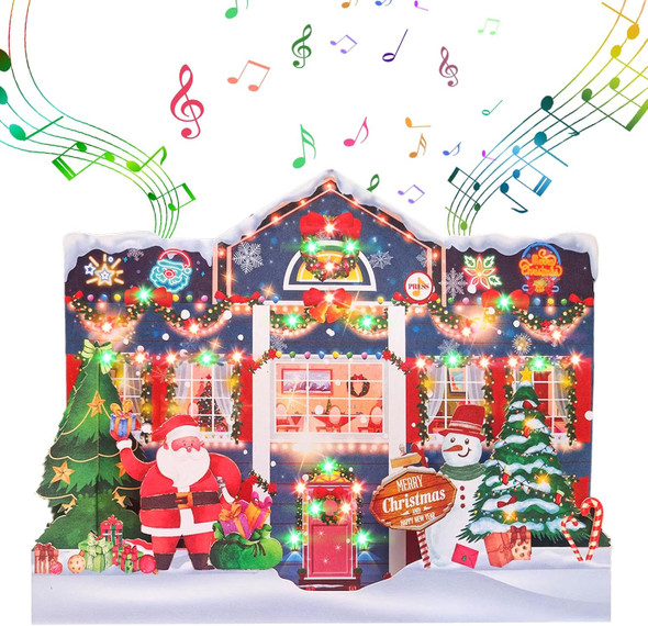 3D Pop Up Christmas Cards with Music & Lights, Animated Christmas Card, Playing 3 Christmas Songs with 3 Matching Lights Blinking Modes (Envelope Included)