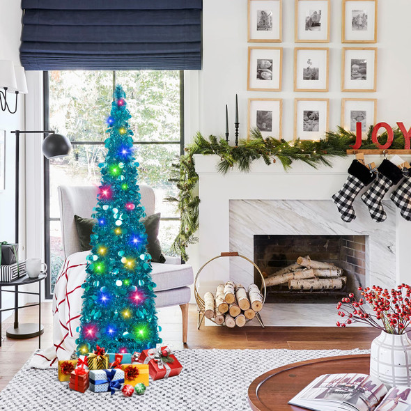 N&T NIETING Christmas Tree with Lights, 5ft Collapsible Pop Up Blue Tinsel Christmas Tree Coastal Christmas Tree for Holiday Xmas Decorations, Home Display, Office Decor