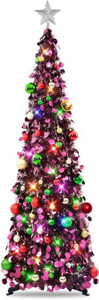 N&T NIETING Pop Up Christmas Tree with Lights & 30 Balls, 5Ft Collapsible Purple Tinsel Christmas Tree Decorations, Pencil Christmas Tree Skinny Christmas Tree for Holiday Xmas Home Office Decor