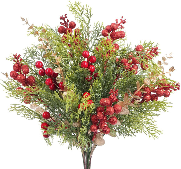 23 Pcs Christmas Artificial Pine Branches with Red Berry Stems, 14" Christmas Tree Branches, Christmas Artificial Flowers for Christmas Tree Wreath Garland DIY Crafts Holiday Home Decoration