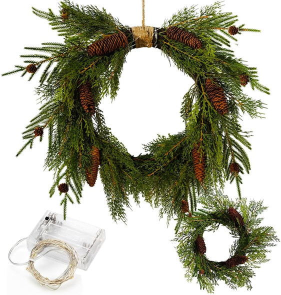 2-Pack 24in Artificial Christmas Wreaths for Front Door Green Pine Needle Pine Cone Christmas Wreath with Lights Christmas Decoration Holiday Window Wedding Decor Wreath
