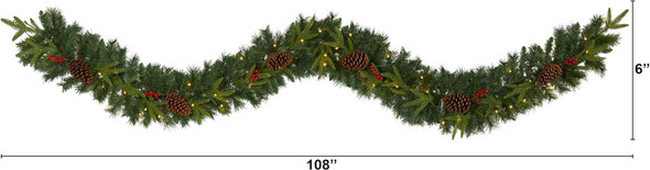 Nearly Natural 9ft. Mixed Pine Artificial Christmas Garland with 50 Clear LED Lights, Berries and Pinecones