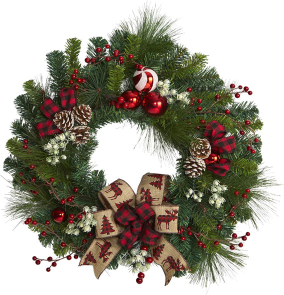 Nearly Natural 24in. Christmas Pine Artificial Wreath with Pine Cones and Ornaments