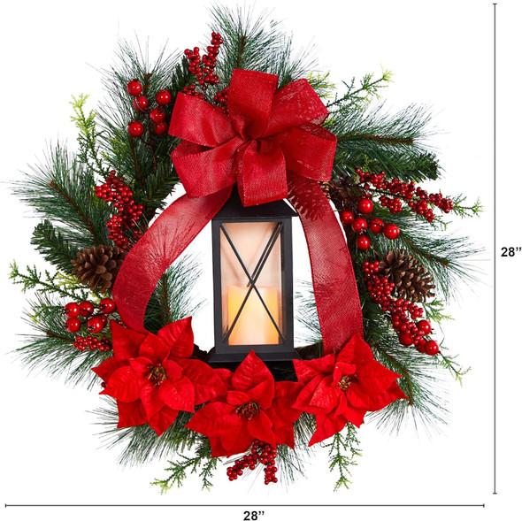 Nearly Natural 28in. Poinsettia and Berry Holiday Lantern Christmas Wreath with LED Candle,Red