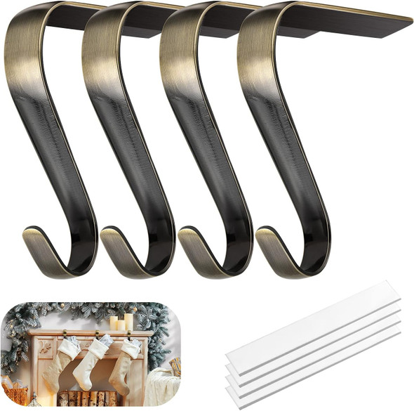 Christmas Stocking Holders for Mantle Set of 4, Heavy Duty Damage Stocking Hangers with Non-Slip Strips Mantle Fireplace Stocking Hooks for Christmas Party Decoration Bronze