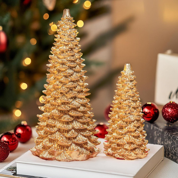 NEROSUN Gold Christmas Tree Figurine, Set of 2 Resin Christmas Tree Table Decorations, Christmas Mini Tree Ornaments Table Centerpiece for Indoor Cabinet Mantel Fireplace Holiday Xmas Decor