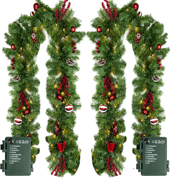 Nerosun 9FT Christmas Garland with 50LED Lights, 2 Pack Battery Operated Prelit Garland Christmas Decorations Timer 8 Mode, Artificial Outdoor Christmas Garland Greenery Pinecone for Indoor Decor