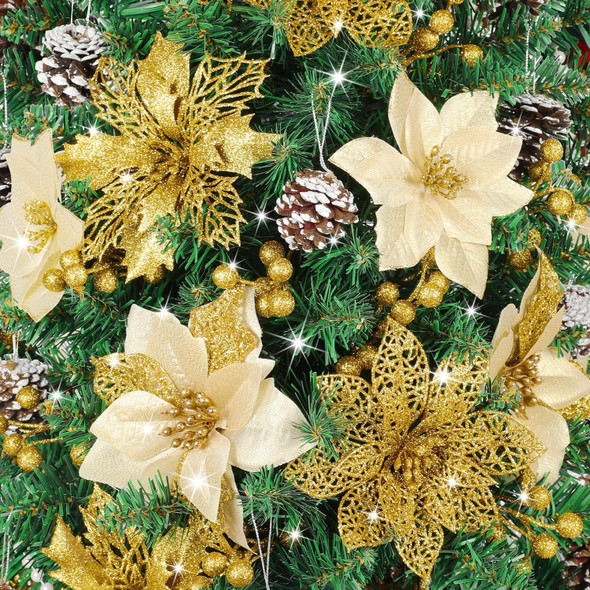 56 Pcs Christmas Tree Decorations, Christmas Ornaments Set with Poinsettias Artificial Christmas Flowers, Berry Branches and Pine Cones, Christmas Decor for Tree/Wreath/Garland(Gold)