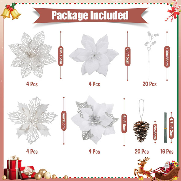 56 Pcs Christmas Tree Decorations, Christmas Ornaments Set with Poinsettias Artificial Christmas Flowers, Berry Branches and Pine Cones, Christmas Decor for Tree/Wreath/Garland(White)