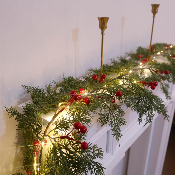 6 FT Christmas Garland with Lights for Mantle Cypress Garland with Red Berries Lighted Garland Battery Operated with Timer for Home Fireplace Christmas Decorations