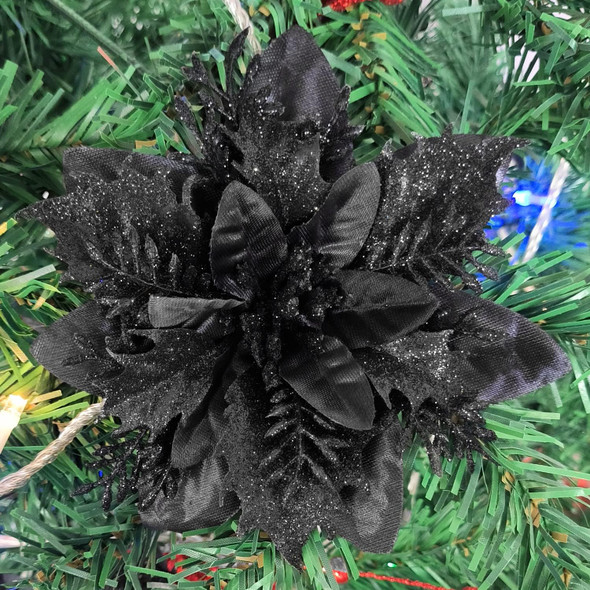 15 Pcs Christmas Flowers Artificial Poinsettia Flower Decorations with Clips and Stems, Glitter Christmas Poinsettia Decorations, Christmas Tree Ornaments for Party Wreath DIY（Black）