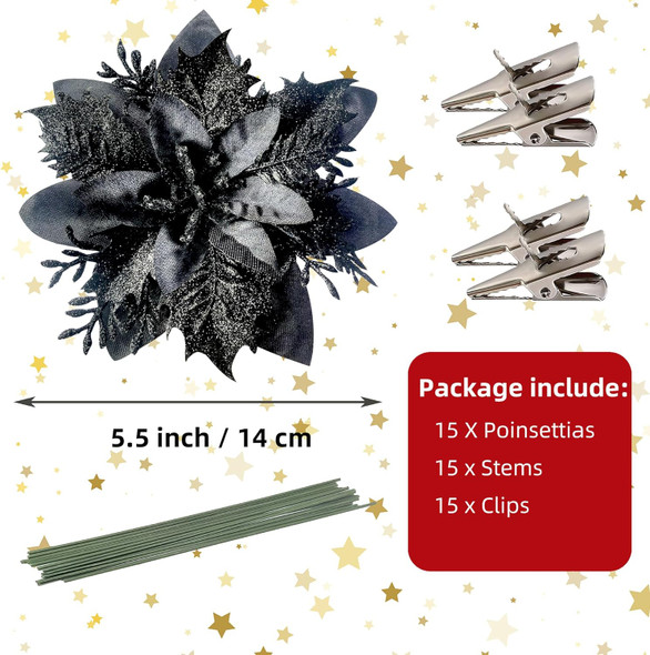 15 Pcs Christmas Flowers Artificial Poinsettia Flower Decorations with Clips and Stems, Glitter Christmas Poinsettia Decorations, Christmas Tree Ornaments for Party Wreath DIY（Black）