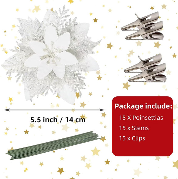 15 Pcs Christmas Flowers Artificial Poinsettia Flower Decorations with Clips and Stems, Glitter Christmas Poinsettia Decorations, Christmas Tree Ornaments for Party Wreath DIY（White）