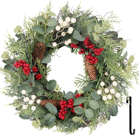 Christmas Wreath, Xmas Door Wreath with Hanger, Christmas Decor Winter Wreath with Red White Berry Pine Cone Eucalyptus, Artificial Wreath Decorations for Indoor Outdoor Use, 18 Inch