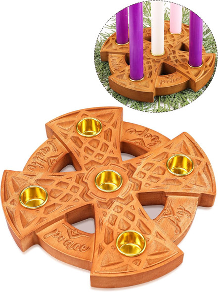 Nitial Advent Candle Holder for Christian Wood Nativity Ring Candle Holder with Metal Celtic Knot for Xmas Candles Centerpiece Decorations Religious