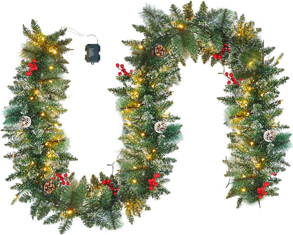 9 Ft Christmas Garland with Lights - Realistic Snow Prelit Christmas Garland with Pine Cones Red Berries Xmas Garland with Timer for Fireplace Railing Door Christmas Decor (Battery NOT Included)