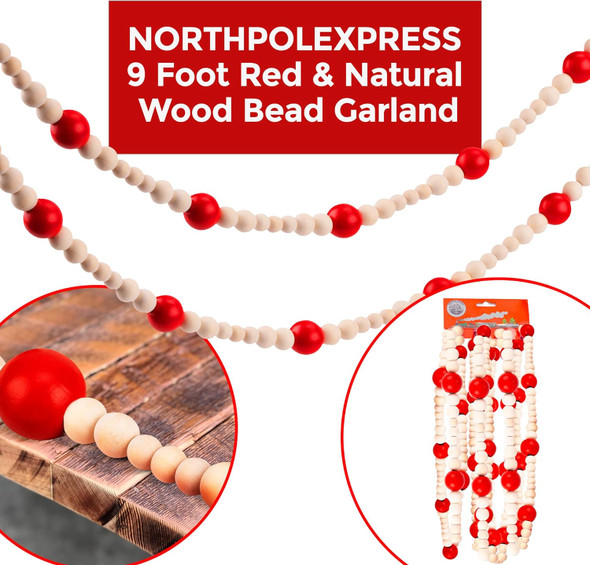 9 Foot Red & Natural Wood Bead Ball Christmas Garland Wooden Christmas Tree Garland Perfect for Rustic Country Farmhouse Vintage Trees Garland Christmas Decorations for Home Assorted Bead Sizes