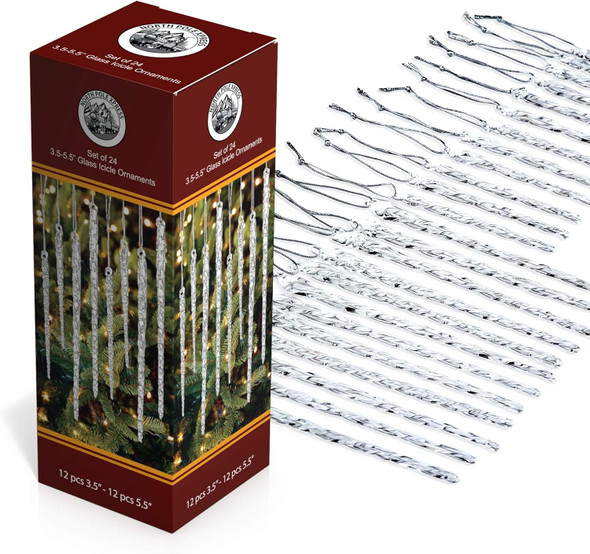 Twisted Clear Glass Icicle Christmas Ornaments for Christmas Trees - Set of 24 Icicles Christmas Tree Decorations - Christmas Tree Ornaments Perfect for White Or Silver Crystal Winter Frost Look Twisted Clear Glass Icicle Christmas Ornaments for Christmas Trees - Set of 24 Icicles Christmas Tree Decorations - Christmas Tree Ornaments Perfect for White Or Silver Crystal Winter Frost Look
