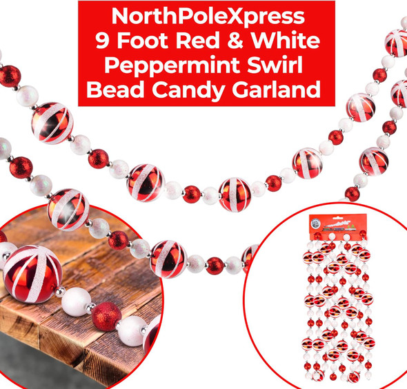 9 Foot Red & White Peppermint Swirl Bead Candy Christmas Garland Farmhouse Rustic Glitter Beaded Christmas Tree Garland for Retro Vintage Candy Trees Garland Christmas Decorations for Indoor Use