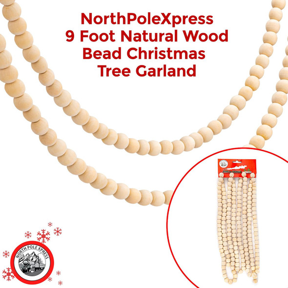 9 Foot Natural Wood Bead Christmas Garland Wooden Christmas Tree Garland Perfect for Rustic Natural Country Farmhouse Trees Garland Christmas Decorations for Indoor Use