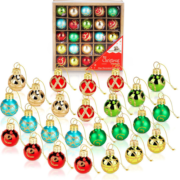 1 Inch Mini Vintage Multi Color Glass Ball Christmas Ornaments Set of 25 Balls Miniature Christmas Tree Ornaments Rustic Christmas Decorations Mini Christmas Tree Decorations for Small Trees