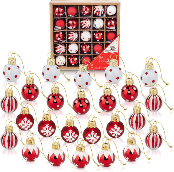 1 Inch Mini Red & White Peppermint Glass Ball Christmas Ornaments Set of 25 Balls Miniature Christmas Tree Ornaments Rustic Christmas Decorations Mini Christmas Tree Decorations for Small Trees