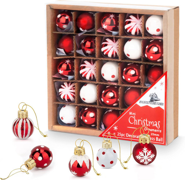 1 Inch Mini Red & White Peppermint Glass Ball Christmas Ornaments Set of 25 Balls Miniature Christmas Tree Ornaments Rustic Christmas Decorations Mini Christmas Tree Decorations for Small Trees