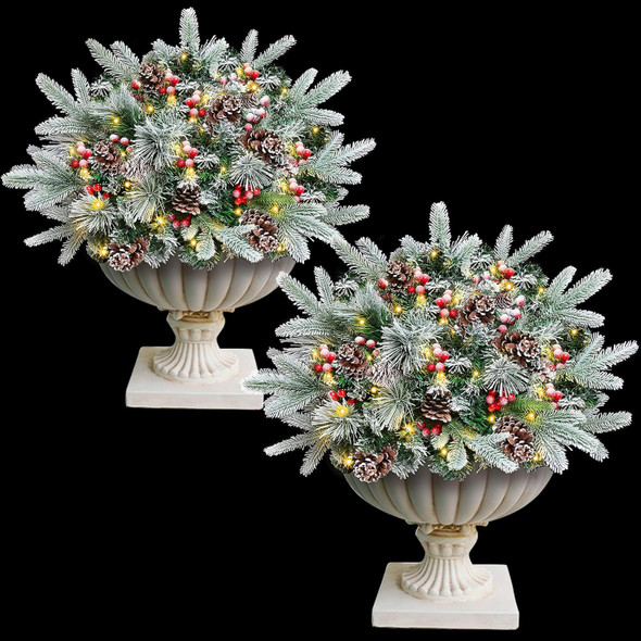 Noverlife 2 Packs Christmas Tree Frosted Urn Filler, 26 Inches Pre-lit Snowy Xmas Pine Tree Planter Pots Filler with Cones & Berries, Outdoor Artificial Tree with 50 LED Lights (Not Included Planter)